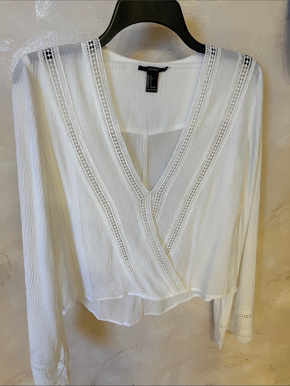 Forever 21 White V-Neck Crochet-Trim Wrap Blouse